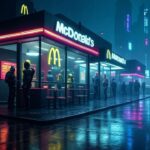 Restaurante McDonald's iluminado por vibrantes luces de neón.