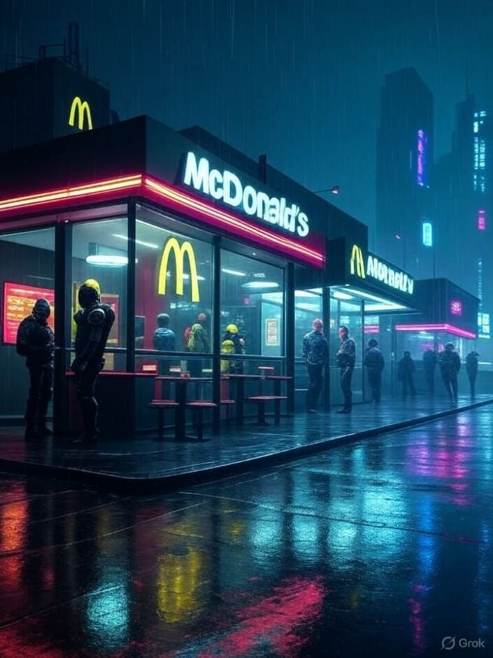 Restaurante McDonald's iluminado por vibrantes luces de neón.
